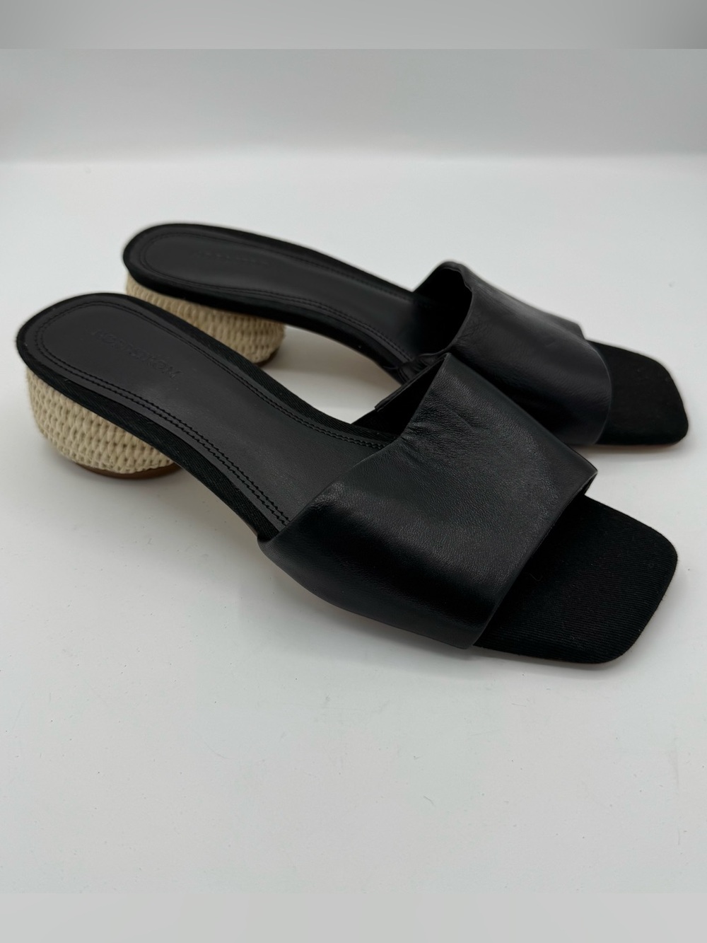 Nordstrom Winona Black Leather Raffia Block Heel Slide Sandals Women’s 6.5 NEW
